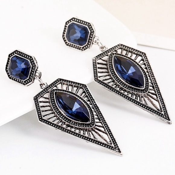 Vintage Silver Blue Gem Dangle Stud Earrings - Picture 2 of 8